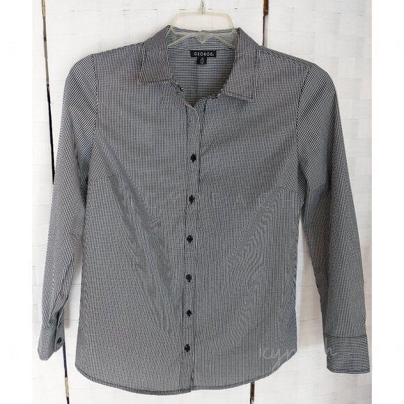 George Button Down Shirt Medium Black White Gingham Top Classic Preppy Lagenlook - Picture 3 of 14